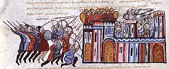 Medieval miniature showing spearmen and archers on foot and within a fortress attacking the garrison of a citadel from two sides