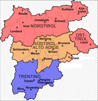 The region consists of present-day Tyrol–South Tyrol–Trentino Euroregion, شامل کورتینا دامپتزو، لیوینالونگو دل کول دی لانا (Buchenstein), کوله سانتا لوچیا (Verseil), والوستینو، ماگاسا و پدمونته