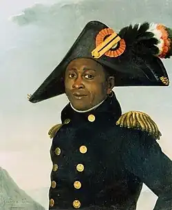A painting of Louverture in a military uniform holding a document