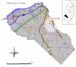 Map of Turnersville CDP in Gloucester County. Inset: location of Gloucester County in New Jersey.