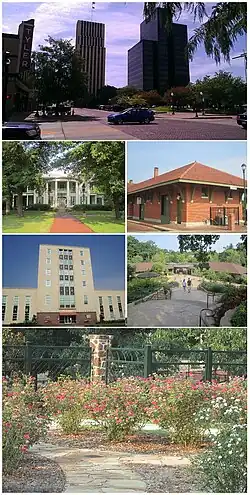 Clockwise: Tyler skyline with Plaza Tower at right and People's National Bank office building in center, Cotton Belt Depot, Caldwell Zoo, Chamblee Rose Garden, Smith County Courthouse, Goodman Home.