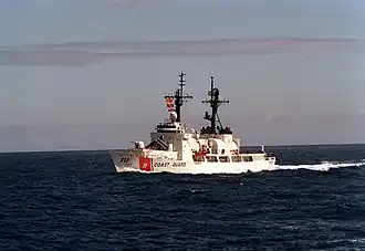 USCGC Mellon (WHEC-717) shown with Harpoon missile aft of 76mm gun.