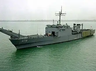 USS Newport (LST-1179) at anchorage.