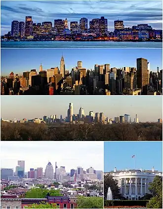 Major cities of the Northeast Megalopolis counterclockwise from top: بوستون، نیویورک، فیلادلفیا، بالتیمور و واشینگتن، دی.سی..