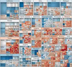 Treemap از آرای مناطق، ایالات، غلبه نامزد در هر محل.