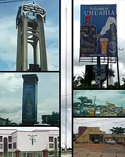 Top left: Abia tower. Mid Left: Umuahia Clock Tower. Bottom Left: Federal High Court, Umuahia.Center: BCA Radio Tower.Top Right: Star Beer sponsored welcome Billboard. Mid Right: Umuahia Market. Bottom Right: Umuahia Police Station.
