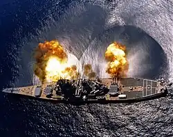 یواس‌اس&nbsp;Iowa fires a broadside of nine 16"/50 and six 5"/38 guns during an exercise