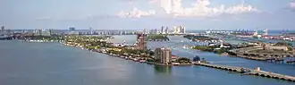 View of the Venetian Causeway and Venetian Islands with South Beach in the background, as seen from the Omni neighborhood