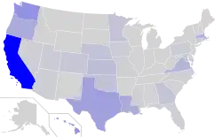 Map of the U.S. , with states with more Vietnamese speakers in darker blue