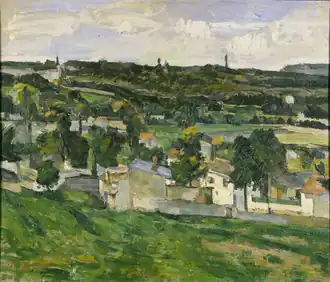 An impressionist painting of a rolling landscape with houses under a blue sky with clouds