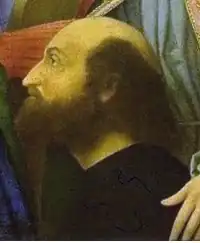 Ariosto, detail of votive painting Madonna with saints Joseph, John, Catherine, Louis of Toulouse and Lodovico Ariosto by Vincenzo Catena, 1512, Berlin
