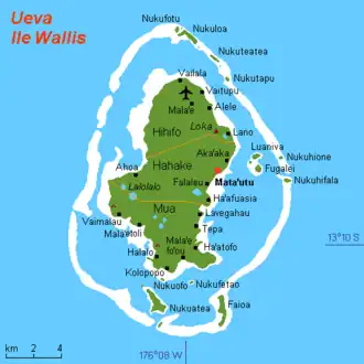 Wallis island (Chiefdom of Uvea) showing the 3 districts