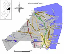 Map of Wall Township in Monmouth County. Inset: Location of Monmouth County highlighted in the State of New Jersey.