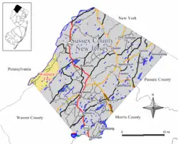 Map of Walpack Township in Sussex County. Inset: Location of Sussex County highlighted in the State of New Jersey.