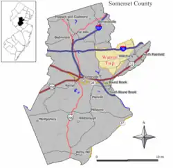 Map of Warren Township in Somerset County. Inset: Location of Somerset County highlighted in the State of New Jersey.