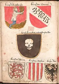 نشان معاصر (بالا سمت راست) از دودمان نصری غرناطه با کتیبهٔ عربی تحریف‌شده (Wernigerode Armorial).