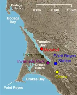 Towns of rural western شهرستان مارین، کالیفرنیا. Inverness Park is in violet.