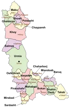 Location of Chaypareh County in West Azerbaijan province (top right, yellow)