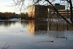 Presumpscot River, looking upstream towards One Riverfront Plaza and Saccarappa Falls
