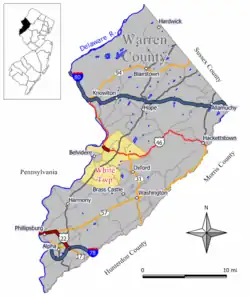 Map of White Township in Warren County. Inset: Location of Warren County highlighted in the State of New Jersey.