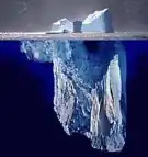 عکسی ترکیبی که یک کوه یخ را هم بالای خط آب و هم زیر آن نشان میدهد.