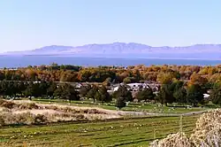 Town of Willard, with Willard Bay and the Promontory Mountains in the background