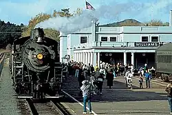 Steam locomotive pulls into Williams Depot, 2006