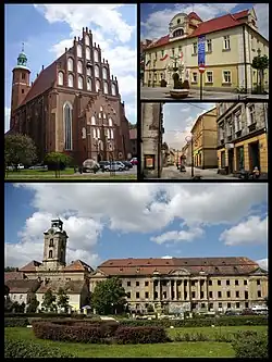 Top left: قصبه Church, Top right: Town Hall, Middle right: Old Town, Bottom: Promnitzs' Palace
