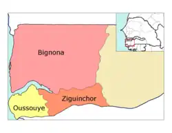 Ziguinchor région, divided into 3 départements