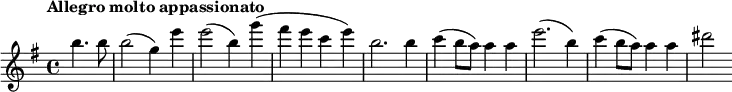 \relative c''' {\set Score.tempoHideNote = ##t \tempo "Allegro molto appassionato" 2 = 100 \key g \major \time 4/4 \partial 2 b4. b8 b2(g4) e' e2(b4_) g'(fis e c e) b2. b4 c(b8 a8) a4 a e'2.(b4) c(b8 a) a4 a dis2 }