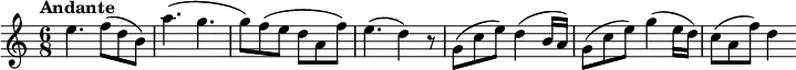 \relative c'' {\set Score.tempoHideNote = ##t \tempo "Andante" 8 = 100 \key c \major \time 6/8 e4. f8(d b) a'4.(g4. g8) f(e d a f') e4.(d4) r8 g,8(c e) d4(b16 a) g8(c e) g4(e16 d) c8(a f') d4}