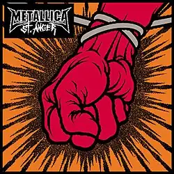 An orange background with a red clenched fist caught in a rope.
