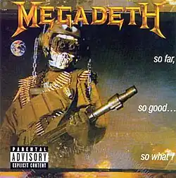 An image of a shell-studded, combat-clad soldier whose melted face leers menacingly from beneath a crude helmet. Amidst the ruins of a nuclear holocaust, he stands poised with a powerful weapon behind the distant planet Earth.