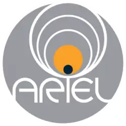 A grey opaque circle with the word "ARIEL" written in white across the circle's bottom half. A series of concentric circles close in on the black-colored dot in the "I", with the last circle colored yellow, representing an exoplanet transiting in front of a star.