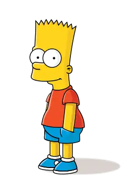 A cartoon image of a yellow boy with yellow, spiky hair, wearing a red T-shirt, blue shorts, and blue shoes.