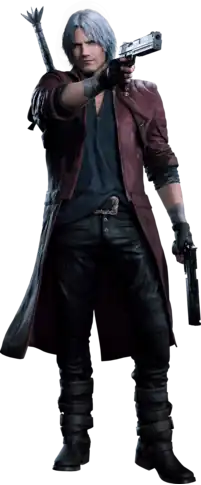Render of a silver haired man wearing a red jacket. The hilt of his sword is visible while he points a pistol forward.