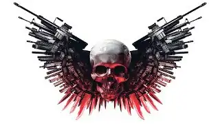 A skull in front of a set of wings. The wings are made up of guns and knives.