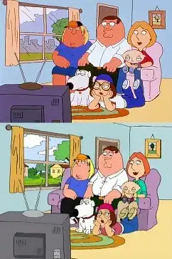 A still frame of a cartoon family gathered together in the couch and the floor watching the television.