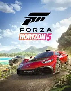 A black 'F'-shaped logo appears over black text that reads 'FORZA'. A parallelogram with a left-to-right orange-magenta gradient with 'HORIZON' in italic white text and a magenta '5' to the parallelogram's right appear underneath 'FORZA'. The logo and text are imposed over the sky above a Mexican desert.