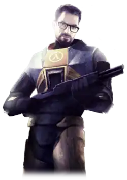 A white man in an armoured suit clutches a shotgun. The man has brown hair, a short beard and mustache, green eyes and thick black glasses. The suit is predominately orange with black trim, the Greek letter Lambda emblazoned on the suit's chest.