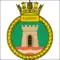 Crest rimmed with golden rope bearing the word Cardiff at the top. On top of the crest is a crown decorated with jewels and golden sails. In the crest is a castle tower on ocean waves, the tower has a golden portcullis.