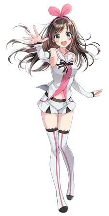 An official image of Kizuna, published through her videos. She is slender in build, has long brown hair, blue eyes, and a fair complexion. Her clothes are white and have pink highlights with black trim.