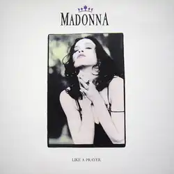 Madonna with her hands folded in prayer. Her image is enclosed in a square white frame.