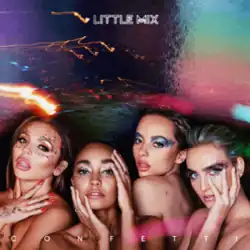 The members of Little Mix posing for the camera with a blurred photograph and smears of colors in the background