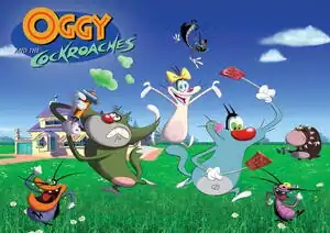 Oggy holds a sandwich and is oblivious that the three cockroaches, Dee Dee, Marky and Joey, are taking bites.