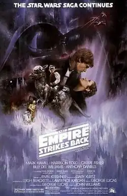 This poster shows a montage of scenes from the movie. Dominating the background is the dark visage of Darth Vader; in the foreground, Luke Skywalker sits astride a tauntaun; Han Solo and Princess Leia gaze at each other while in a romantic embrace; Chewbacca, R2-D2, and C-3PO round out the montage.