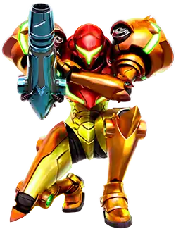 A person in a big, futuristic-looking powered suit with a helmet. The right arm is a large firearm. The shoulders are particularly large, bulky, and rounded.