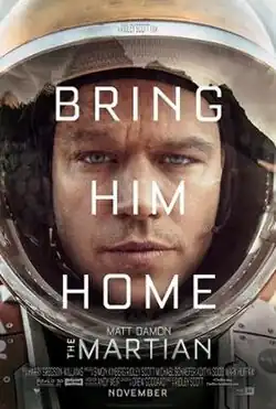 The tired and worn face of a man wearing a space suit, with the words "Bring Him Home" overlaid in white lettering. In smaller lettering the name "Matt Damon" and the title "The Martian".