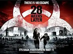 Two young figures fleeing from a horde of infected from London with a group of helicopters in the background with a large white biohazard warning symbol and the film's title above.
