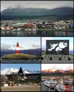 از بالا چپ: of Ushuaia from the harbor; Les Eclaireurs Lighthouse; Malvinas War Memorial; Tierra del Fuego, Antártida e Islas del Atántico Sur government building and the port